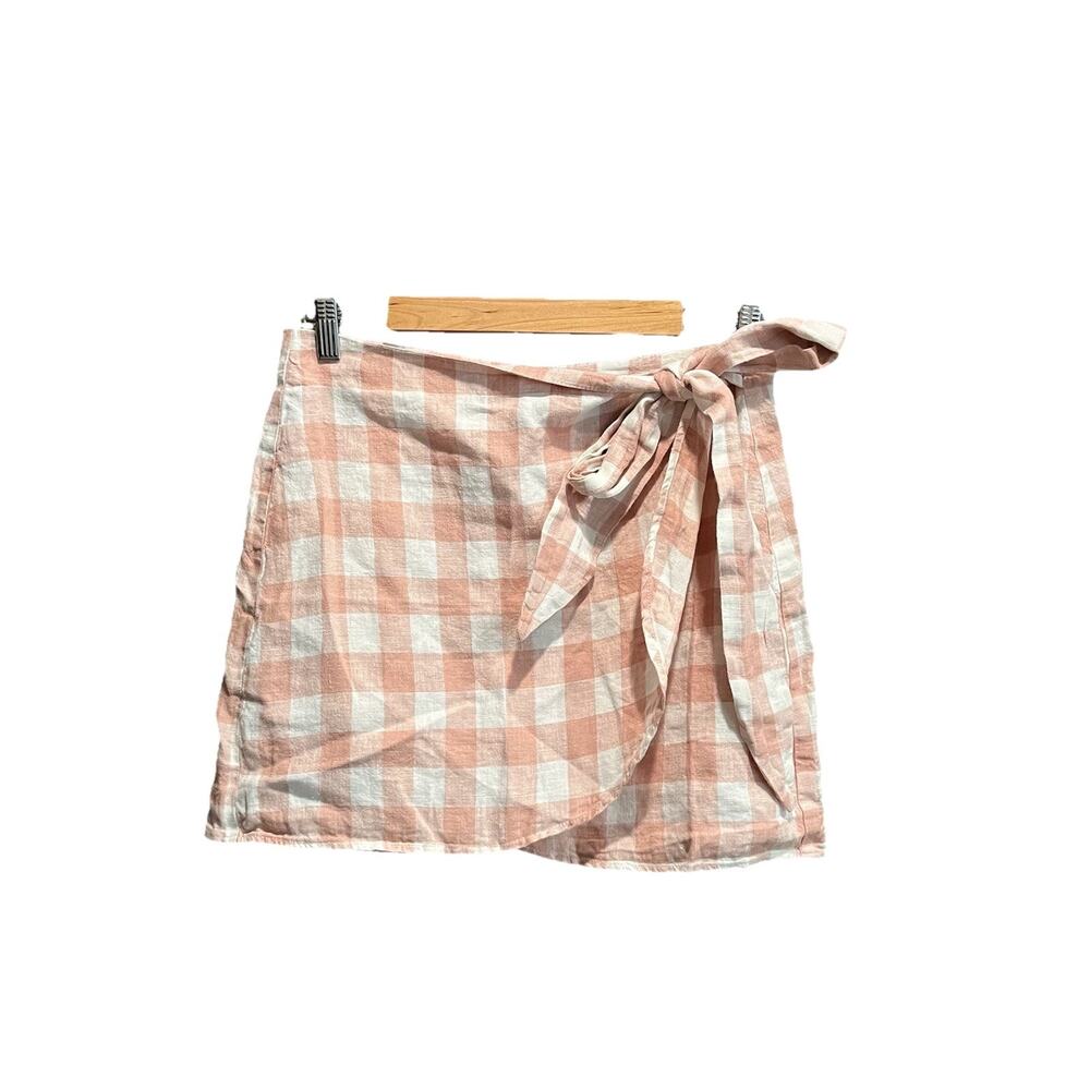 Reformation Pink White Check Linen Women's Wrap Skirt‎ Size Large
